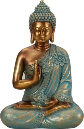 Geschenkestadl Buddhafigur Buddha Figur 31,5cm türkis gold mit Lotusblume Geborgenheit und Schutz (1 St)