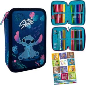 GOLDKIDS Federmäppchen 2 Fächer - Mäppchen für Mädchen und Jungen -, (Gefüllte Schüleretui 35-teilig -, 1-tlg., Schulmäppchen und Hausaufgabenheft), - Stitch Motiv