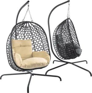 Goods+Gadgets Hängestuhl Polyrattan Hängestuhl mit Gestell und Kissen–Komfort für Innen & Außen (Hängekorb Sessel), Schwebeliege Rattan Outdoor & Indoor Relax Hängeliege