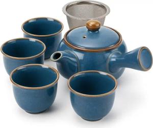 Goodwei Teeservice Japanisches Kyusu Teeset „Umi“ – Seitengriffkanne mit Sieb, 4 Tassen (5-tlg), 4 Personen, Keramik