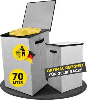 HANDFILL Flaschensammler Wäschekorb & Müllsackständer 70L Gelber Sack mit Deckel Stoffumrandung (Nachhaltiges Mülltrennsystem mit Deckel und Stoffumrandung, 70 Liter Volumen, Gelber Sack Ständer Set als Mülleimer, Pfandflaschen Wäschesammler), Stabiler Mü