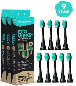 happybrush Aufsteckbürsten 3x3 black-mint, Spar-Set, für happybrush Eco Vibe 3, hochwertige Triple-Borsten, Wechselindikator