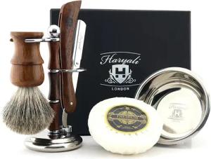 Haryali London Rasierset 5-teiliges Rasierset für den regelmäßigen Gebrauch aus edlem Holz, 5-tlg., 1x Rasiermesser 1x Pinsel 1x Doppelständer 1x Rasierseifenschale, Hochwertiges Geschenkset für die Herrenrasur