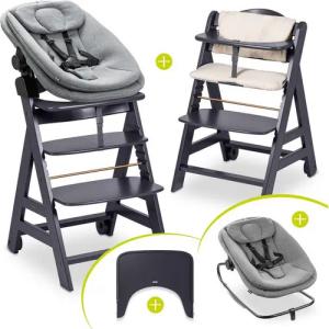 Hauck Hochstuhl Beta Plus Dark Grey Newborn Set 3in1 Bouncer (Set), Holz Babystuhl ab Geburt mit Neugeborenensufsatz, Sitzkissen, Essbrett