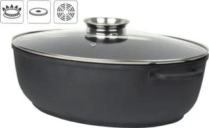 Haushalt International Bräter Aluguss-Bräter mit Glasdeckel inkl. Aromaknopf, Aluminiumguss, Fassungsvermögen ca. 8,5 Liter – für alle Herdarten außer Induktion