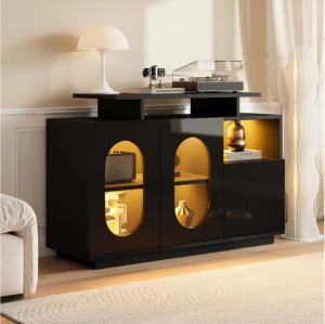 HAUSS SPOLE Sideboard LED-Vitrine mit ovalen Glastüren Anrichte Bücherregal mit Stauraum (mit ovalen Glastüren, Hochglanzfront und Stauraum, 120x40x80cm)