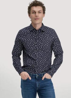 hessnatur Herren Print Hemd Regular aus Bio-Baumwolle - blau - Größe M (39/40)