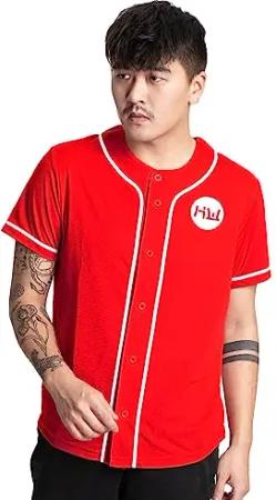 HIDETOSHI WAKASHIMA® BC Kiyota Herren Shirt im Baseball Trikot Design mit Durchgehender Knopfleiste, abgerundetem Saum und kurzen Ärmeln. In S bis 3XL (as3, Alpha, xx_l, Regular, Regular, rot)