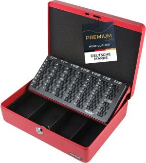 HMF Geldkassette abschließbare Bargeldkasse mit EURO-Münzzählbrett und Scheinfach, hochwertige Geldzählkassette mit Schlüssel, 30 x 24 x 9 cm, rot