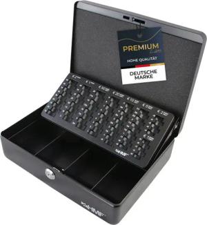 HMF Geldkassette abschließbare Bargeldkasse mit EURO-Münzzählbrett und Scheinfach, hochwertige Geldzählkassette mit Schlüssel, 30 x 24 x 9 cm, schwarz