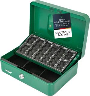 HMF Geldkassette Bargeldkasse mit herausnehmbarem Münzzählbrett und Scheinfach, robuste Geldbox mit Schlüssel, 25 x 18 x 9 cm, grün