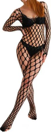 HO-Ersoka Bodystocking-Ouvert Damen Catsuit Fencenet V-Ausschnitt langarm schwarz XS-M im Schritt offen, Dessous, Reizwäsche