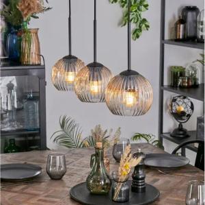 hofstein Hängeleuchte 3-flammige Hängelampe aus Metall/Riffelglas in Schwarz/Bernstein/Klar, ohne Leuchtmittel, moderne Pendelleuchte im Retro/Vintage-Design (Schirme Ø 15 cm), E27