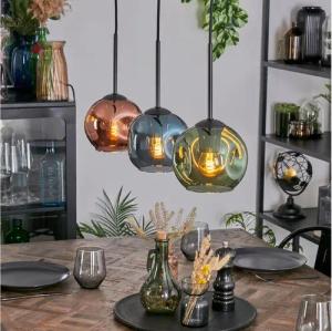 hofstein Hängeleuchte Hängelampe aus Metall/Glas in Schwarz/Grün/Blau/Kupfer, Hängeleuchte im modernen Retro/Vintage-Design (15 cm), 3 x E27