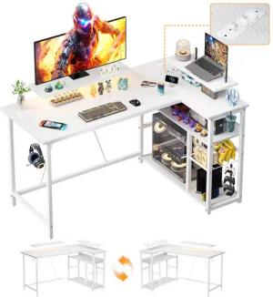 HOMALL Gamingtisch L-förmiger Computertisch mit Steckdosen, USB-Anschlüssen und Stauraum (120/140 × 50 × 75/80 cm großer Gaming-Tisch mit zwei Ablageflächen, einer abnehmbaren Trennwand zum Selberbauen und Kopfhörer-/Becherhaltern)