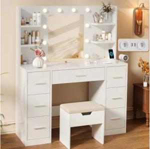 HOMALL Schminktisch Mit dreifarbiger LED-Beleuchtung, mit Spiegel, optional mit Hockern (Große Abmessungen: 110 × 40 × 137 cm Mit 10 Kugellampen mit einstellbarer Helligkeit und Farbtemperatur, 7 Schubladen, 2 USB-Ladeanschlüssen, 2 Steckdosen und 1 Föhnh