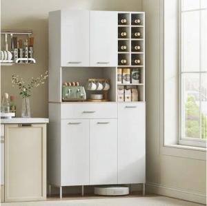 HOMCOM Küchenbuffet Küchenschrank mit Arbeitsplatte, 5 Türen, Weinregal, Schublade (Buffetschrank, 1-St., Hochschrank) Moderner Vorratsschrank, Weiß, 90 x 35 x 183 cm