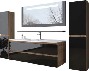 Homeline Badezimmer-Set Badmöbel Set 90 cm Eiche / Schwarz Kaiser Mit Danny Spiegel schwarz, (Badezimmer Möbel, Bad Möbelset)
