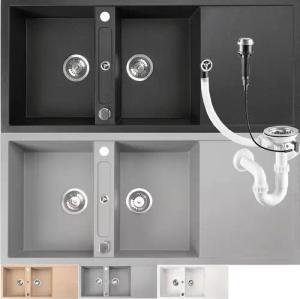 Homeline Granitspüle Doppel Granitspüle Küchenspüle SQ 1160x510 08, Eckig, 116/51 cm, Hahnloch Granitspüle, (Spar Set, Exenterbetätigung), Wechselseitig Einbau möglich Granitspüle