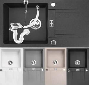 Homeline Granitspüle London Granitspüle Schwarz Weiß Beige Grau Küchenspüle Siphon 76x44, Eckig, 76/43 cm, Wecken, kann rechts und links eingebaut werden., (Granitspüle, 2 St., Inklusiv Ablaufgarnitur)