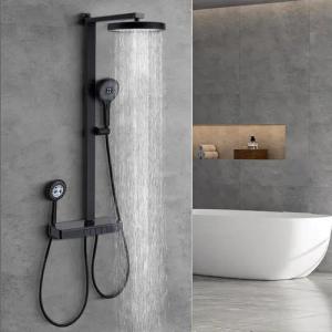 HOMELIVE Duschsystem mit Thermostat und Glasablage Ohne erneutes Bohren erforderlich, 3 Strahlart(en), Schwarzes Duschset mit rundem Kopf, Kinder-Handbrause und 400mm Ablage