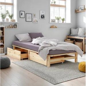Homestyle4u Palettenbett 90x200 100x200 140x200 Holzbett Kiefer mit Stauraum mit Lattenrost (Set mit Lattenrost, 2x Bettkasten/Schublade), 90x200, naturbelassen