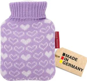 Hugo Frosch Wärmflasche Mini 0,2 l mit Strickbezug kleine Herzen, Made in Germany - Herzen lila