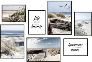 Hyggelig Home Poster Strand - Premium Poster Set OHNE & MIT Rahmen - 7 Wandbilder Ocean, Meer (Set, 7 St), Collage Ostsee, Qualitätsdruck auf dickem Papier