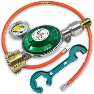 IGT Druckminderer Gas 50mbar Gasdruckminderer Gasdruckregler für Propan-Butan Gasflasche, Füllstandsanzeige, 200cm Gas-Schlauch und Gasregler Schlüssel