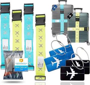 Travelfreund® Koffergurt 4er Kofferband & 4er Koffer Anhänger Set farbig - zum reisen, (Packung, 4-tlg., Kofferband Set), Mit Kofferanhänger