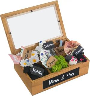 SURPRISA Geschenkbox Schotter-Schatulle Geldgeschenk, aus Pinienholz, 6 Fächer, Geschenk zur Hochzeit, Geburtstag usw.