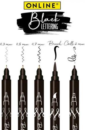 Online Pen Fineliner Black Lettering, 5x Handlettering Stifte Set, schwarz, wasserfest, verschiedene Spitzen