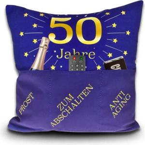 Bada Bing Dekokissen Kissen zum 50sten Geburtstag mit Taschen zum befüllen Geschenkidee, mit 3 Taschen zum befüllen