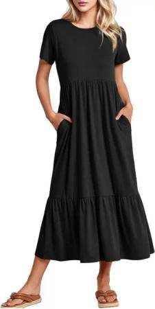 LUCKZON Sommerkleid Damen Sommerkleider Casual Kurzarm, Lange Kleider, Flowy Gestuft Maxikleid mit Taschen