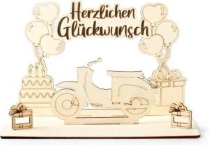 Kreative Feder Geburtstagskarte 3D Geldgeschenk-Aufsteller „Moped“ zum Geburtstag, originelle Geldgeschenk-Deko aus Holz