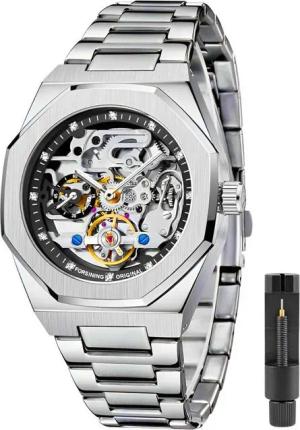 S&T Design Automatikuhr Mechanische Herren Uhr Skelett Edelstahl Herrenuhr, (Geschenkebox (Etui), inkl. Uhrenetui, und Armbandkürzer), Transparentes Zifferblatt Armbanduhr für Herren Achteckig Wasserdicht