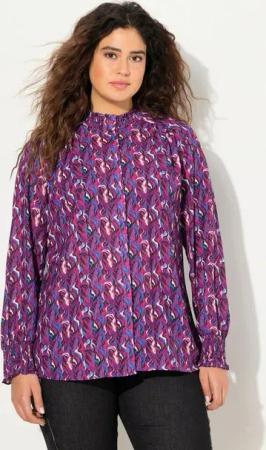 Ulla Popken Satinbluse Bluse Smok-Details A-Linie Stehkragen Langarm