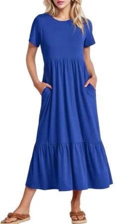 LUCKZON Sommerkleid Damen Sommerkleider Casual Kurzarm, Lange Kleider, Flowy Gestuft Maxikleid mit Taschen