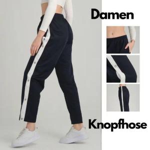 Kendindza Collection Jogginghose Knopfhose Jogginghose mit Druckknöpfen Sporthose Damen Relaxhose Tunnelzug Gummibund Streifen Knöpfe