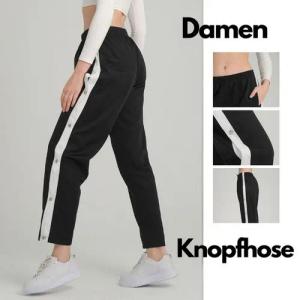 Kendindza Collection Jogginghose Knopfhose Jogginghose mit Druckknöpfen Sporthose Damen Relaxhose Tunnelzug Gummibund Streifen Knöpfe