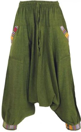 Guru-Shop Relaxhose Pluderhose, Aladinhose Nepali - olivgrün Ethno Style, alternative Bekleidung