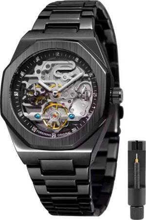 S&T Design Automatikuhr Mechanische Herren Uhr Skelett Edelstahl Herrenuhr, (Geschenkebox (Etui), inkl. Uhrenetui, und Armbandkürzer), Transparentes Zifferblatt Armbanduhr für Herren Achteckig Wasserdicht