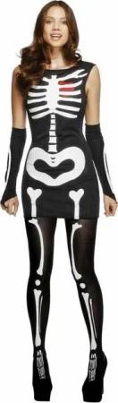 Smiffys Kostüm Heart & Bones Skelettkleid, Süßes Halloweenkleid mit Knochenaufdruck