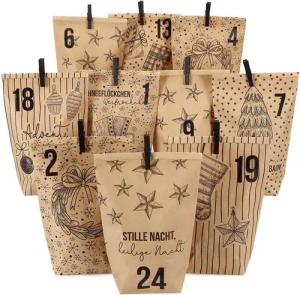PAPIERDRACHEN befüllbarer Adventskalender DIY Adventskalender - 24 Geschenktüten, 24 Zahlenaufkleber & Klammern