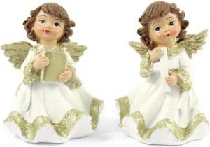 ELLUG Engelfigur 2er Set Engel in weiß goldenem Kleid mit goldenen Flügeln & Glitzer (2 St)