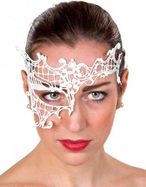 Metamorph Verkleidungsmaske Weiße Spitzenmaske asymmetrisch, Venezianische Augenmaske aus Stoff