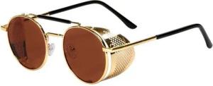 Metamorph Kostüm Steampunk Brille mit Seitenschutz, Runde Brille mit braunen Gläsern und verstellbarem Seitenschutz