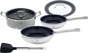 CHEF CUISINE International Pfannen-Set, Edelstahl 18/10 (Set, 5-tlg., 1xServierpfanne, 2xBratpfanne 24+28 cm,1xUniversal-Glasdeckel,1xWender), Teflon™ Antihaft, induktionsgeeignet, spülmaschinengeeignet, rostfrei