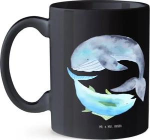 Mr. & Mrs. Panda Tasse Walfisch Thunfisch - Schwarz - Geschenk, Porzellantasse, Kaffeetasse, Keramik Schwarz, Glänzende Oberfläche
