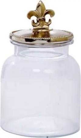 LC Home Vorratsglas Glas Dose Bonboniere mit Fleur di Lis, französische Lilie Deckel, Glasdose mit silberfarbenem Metall Deckel, Griff Fluer di Lis